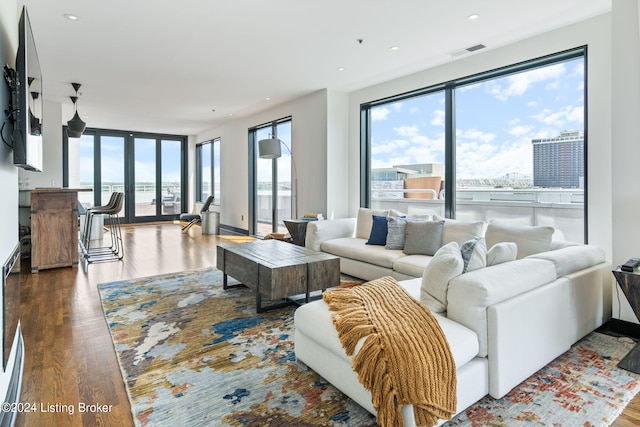 living room featuring dark hardwood / wood-style floors and floor to ceiling windows