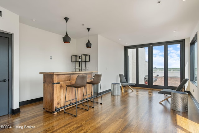 interior space with decorative light fixtures, a water view, floor to ceiling windows, dark wood-type flooring, and french doors