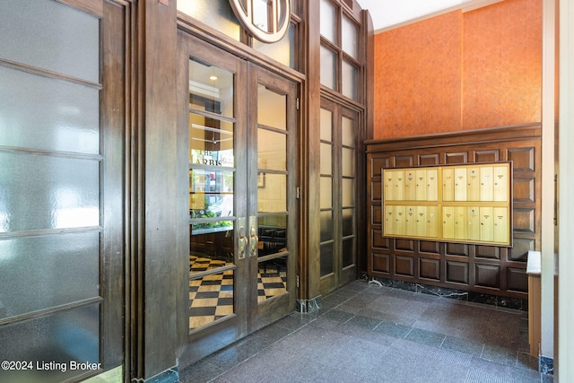 interior space with dark tile flooring