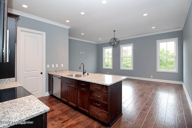 kitchen featuring dark hardwood / wood-style floors, crown molding, stainless steel dishwasher, pendant lighting, and sink