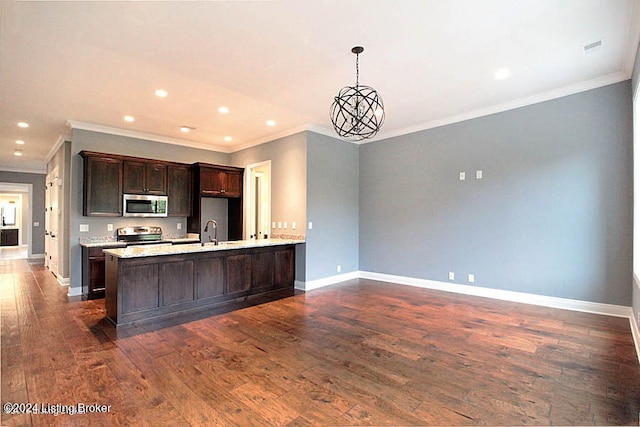 kitchen featuring dark wood-type flooring, stainless steel appliances, decorative light fixtures, dark brown cabinetry, and sink