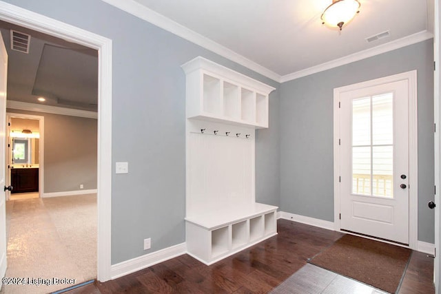 mudroom with ornamental molding and dark wood-type flooring