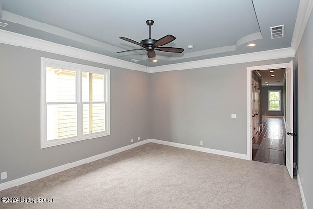 spare room with crown molding, wood-type flooring, ceiling fan, and a raised ceiling