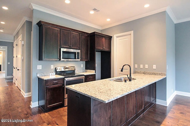 kitchen featuring appliances with stainless steel finishes, dark hardwood / wood-style flooring, sink, and ornamental molding