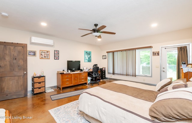 bedroom featuring a wall unit AC, ceiling fan, a textured ceiling, and access to outside