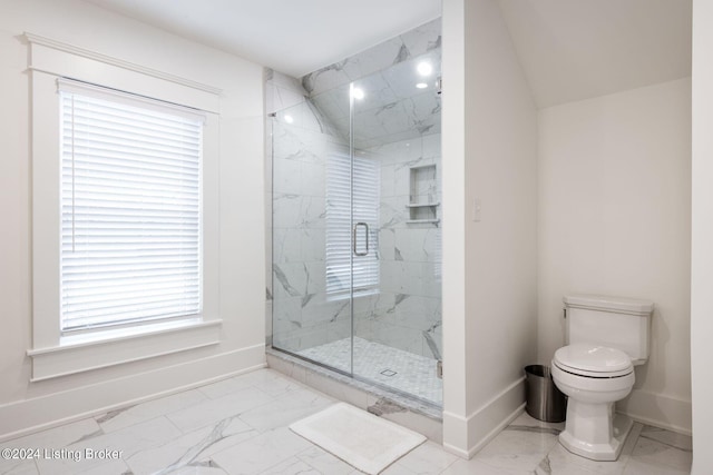 bathroom featuring toilet, a wealth of natural light, and a shower with shower door