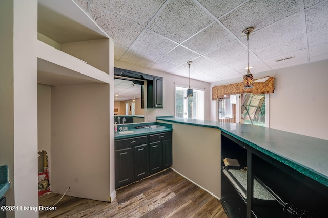 kitchen with sink, a paneled ceiling, pendant lighting, and dark hardwood / wood-style floors