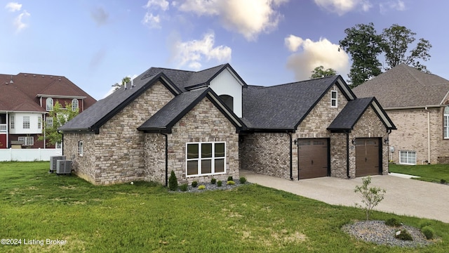 french country inspired facade with central AC unit and a front lawn