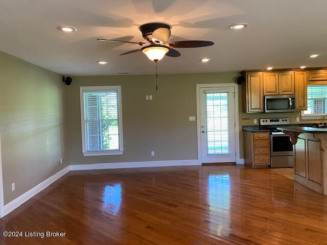 kitchen with a healthy amount of sunlight, ceiling fan, light hardwood / wood-style flooring, and stainless steel appliances