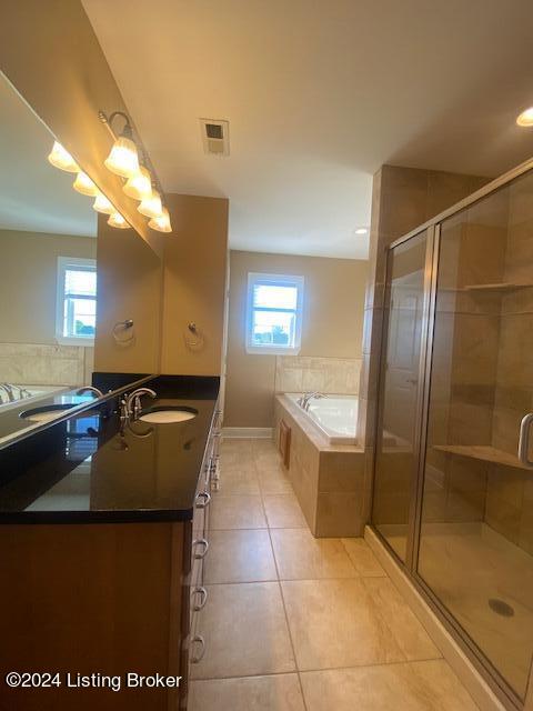 bathroom featuring a healthy amount of sunlight, vanity, and plus walk in shower