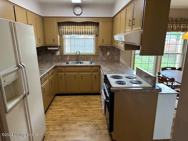 kitchen featuring sink, electric range, white fridge with ice dispenser, light hardwood / wood-style floors, and backsplash