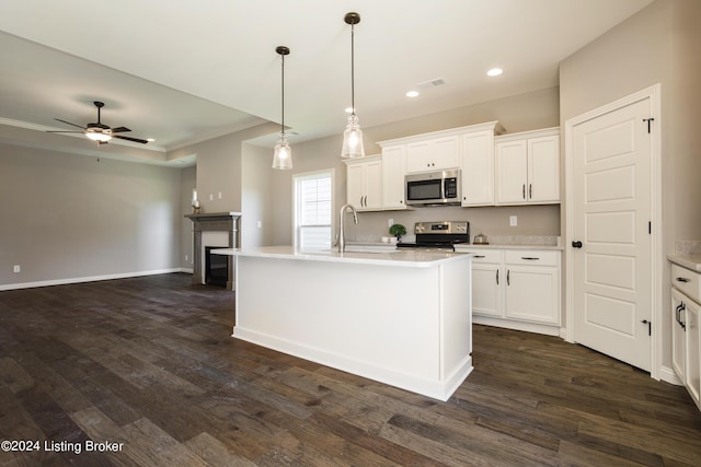 kitchen with appliances with stainless steel finishes, an island with sink, and white cabinets