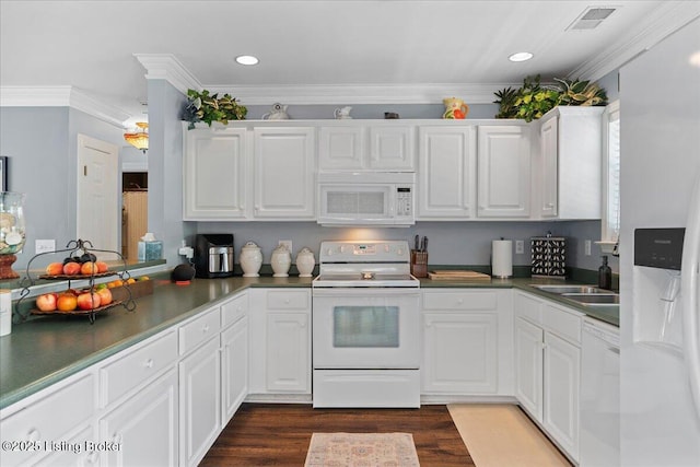 9515 Rustling Tree Way, Louisville, KY 40291 - kitchen with white appliances, white cabinets, dark wood-style flooring, recessed lighting, and dark countertops