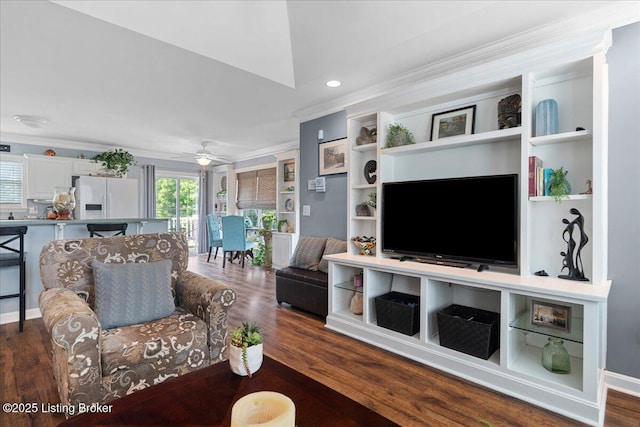 9515 Rustling Tree Way, Louisville, KY 40291 - living room featuring crown molding, wood finished floors, recessed lighting, and a ceiling fan