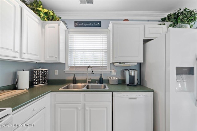 9515 Rustling Tree Way, Louisville, KY 40291 - kitchen featuring white appliances, white cabinets, dark countertops, and crown molding