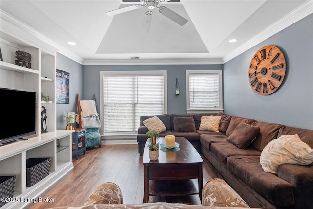 9515 Rustling Tree Way, Louisville, KY 40291 - living room with a ceiling fan, wood finished floors, ornamental molding, and recessed lighting
