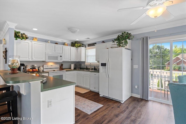 9515 Rustling Tree Way, Louisville, KY 40291 - kitchen with white appliances, a peninsula, crown molding, white cabinets, and dark wood-type flooring