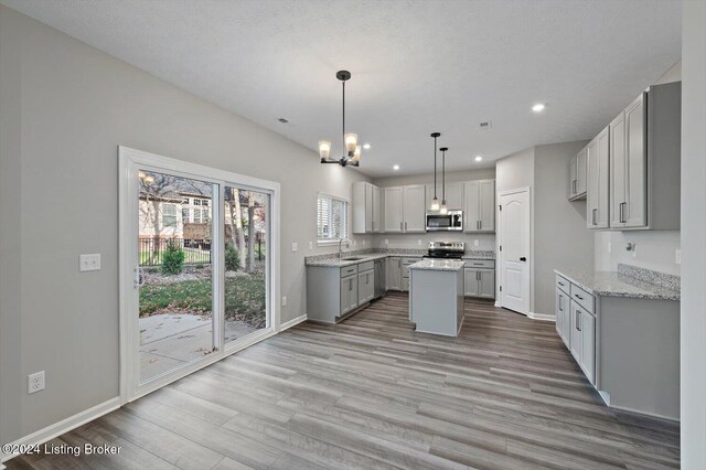 kitchen with gray cabinetry, pendant lighting, light hardwood / wood-style floors, a kitchen island, and stainless steel appliances