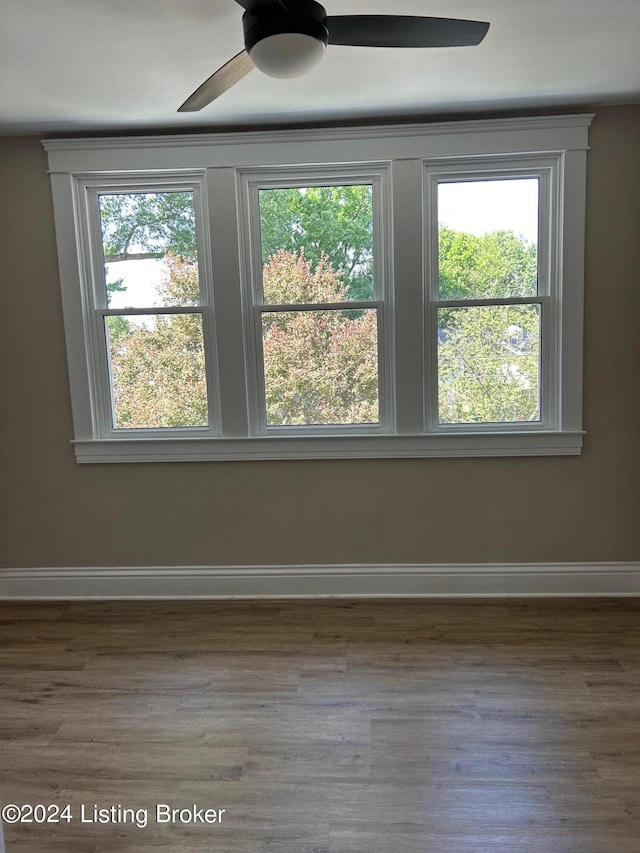 spare room with dark hardwood / wood-style flooring, ceiling fan, and a healthy amount of sunlight