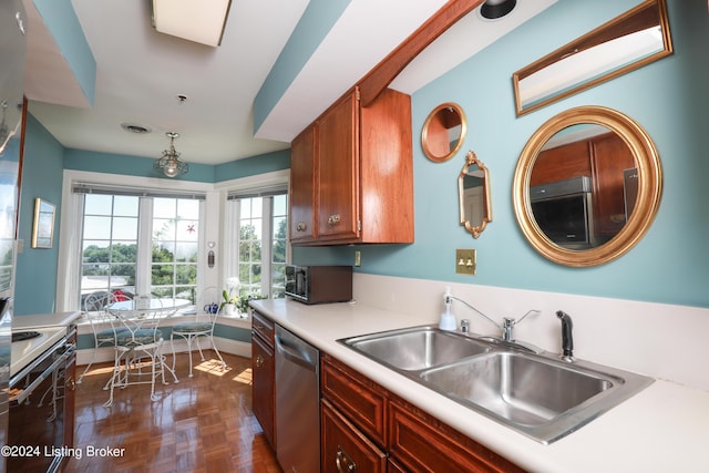 kitchen featuring electric range, dishwasher, dark parquet floors, and sink