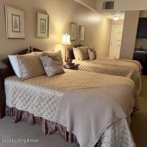 carpeted bedroom featuring sink