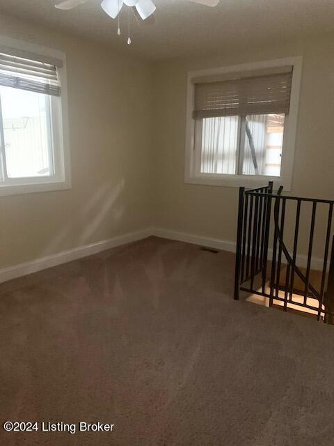 empty room with ceiling fan, carpet flooring, and a wealth of natural light