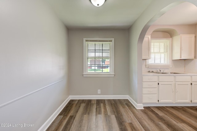 unfurnished dining area featuring a wealth of natural light, sink, and dark wood-type flooring