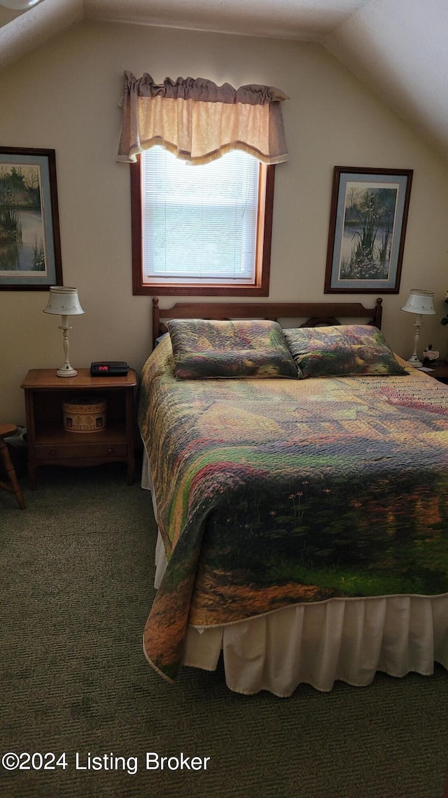 bedroom with carpet floors and vaulted ceiling