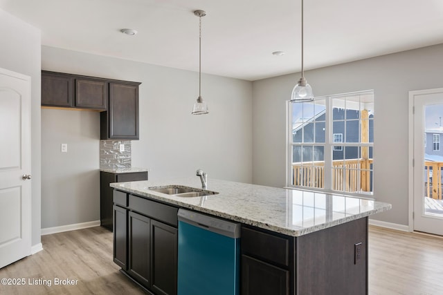 kitchen with light stone countertops, backsplash, dishwashing machine, sink, and an island with sink