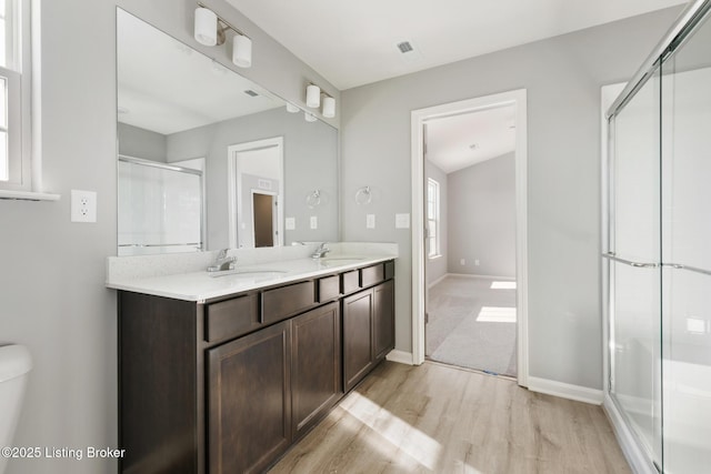 bathroom featuring hardwood / wood-style floors, vanity, and an enclosed shower