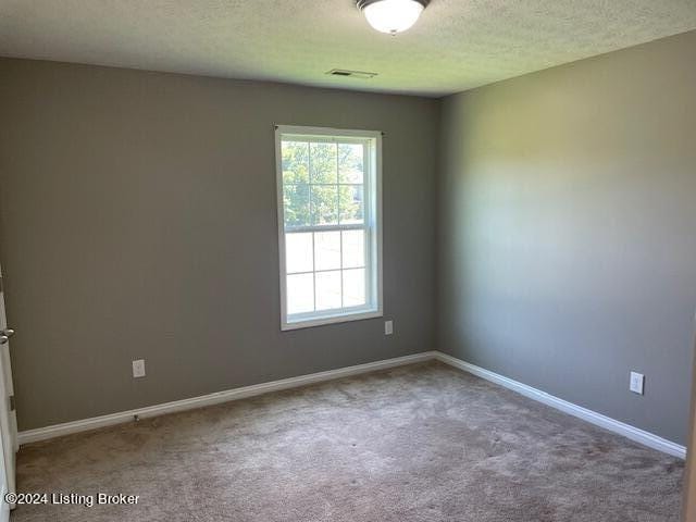 carpeted empty room with a textured ceiling