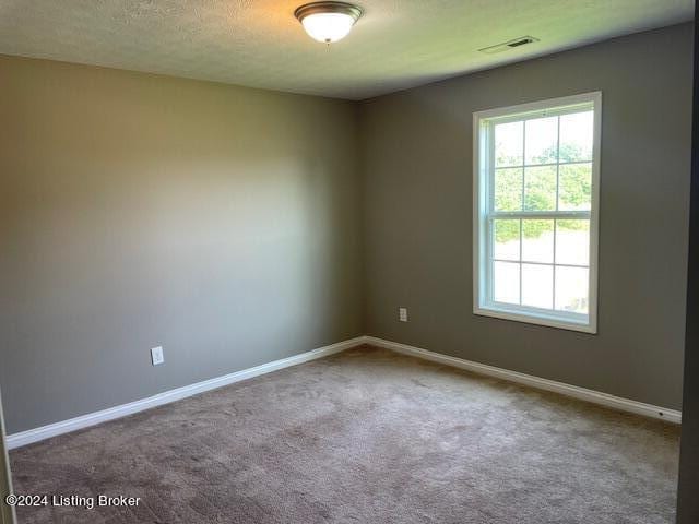 carpeted empty room featuring a textured ceiling