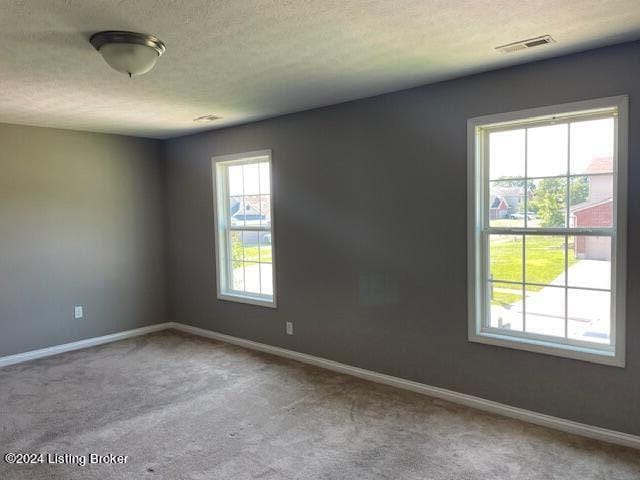 carpeted empty room with a textured ceiling