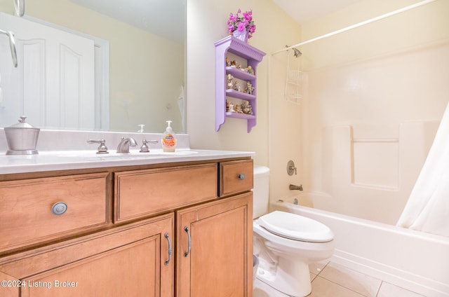 full bathroom with shower / tub combo with curtain, tile patterned floors, toilet, and vanity