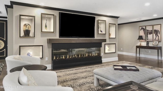 living room with hardwood / wood-style floors, a multi sided fireplace, and crown molding