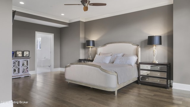 bedroom featuring connected bathroom, ceiling fan, dark hardwood / wood-style floors, and ornamental molding