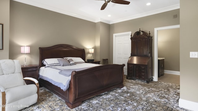 bedroom with connected bathroom, ceiling fan, and ornamental molding