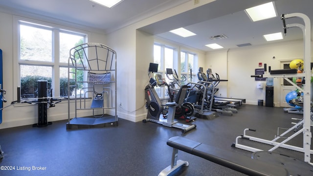 exercise room featuring plenty of natural light and ornamental molding