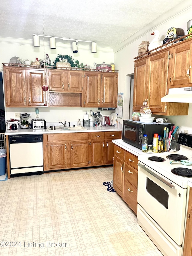 kitchen featuring crown molding, sink, a textured ceiling, and white appliances