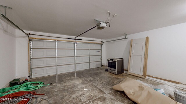 garage with a garage door opener and heating unit