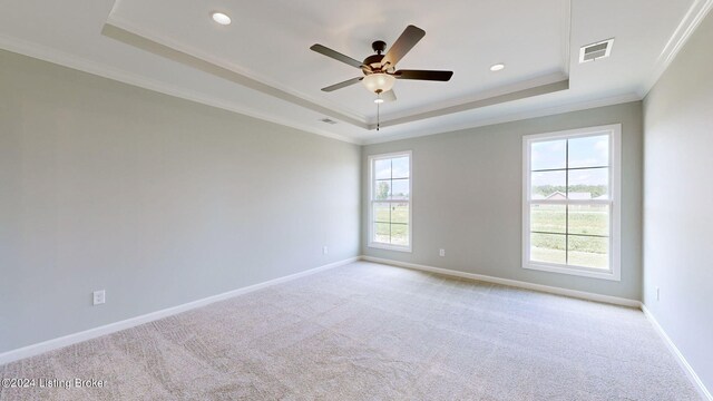 carpeted spare room featuring a raised ceiling, ceiling fan, a healthy amount of sunlight, and crown molding