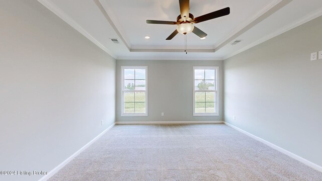 empty room featuring plenty of natural light, a raised ceiling, and ornamental molding