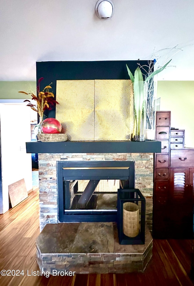 details featuring a stone fireplace and hardwood / wood-style flooring