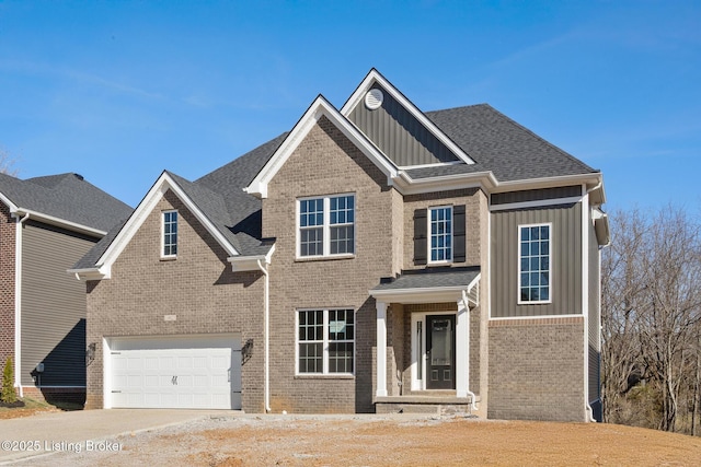 view of front of property featuring a garage, concrete driveway, board and batten siding, and brick siding