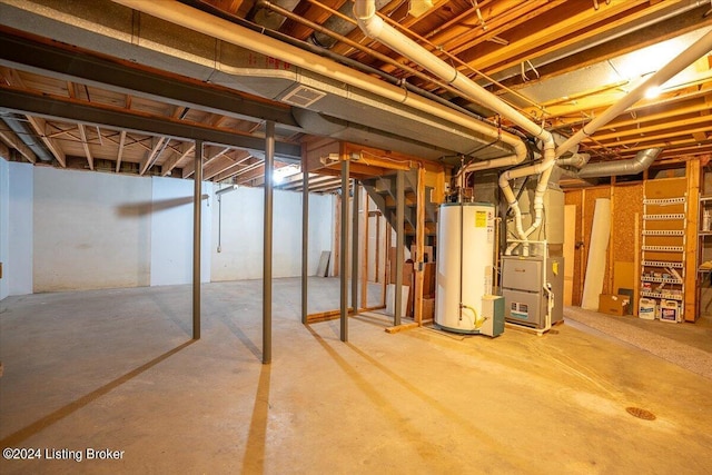 basement with heating unit and gas water heater