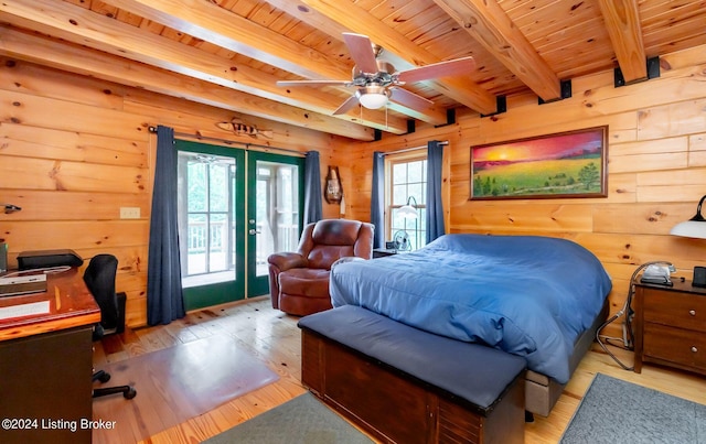 bedroom with beamed ceiling, access to outside, ceiling fan, wood ceiling, and light hardwood / wood-style flooring