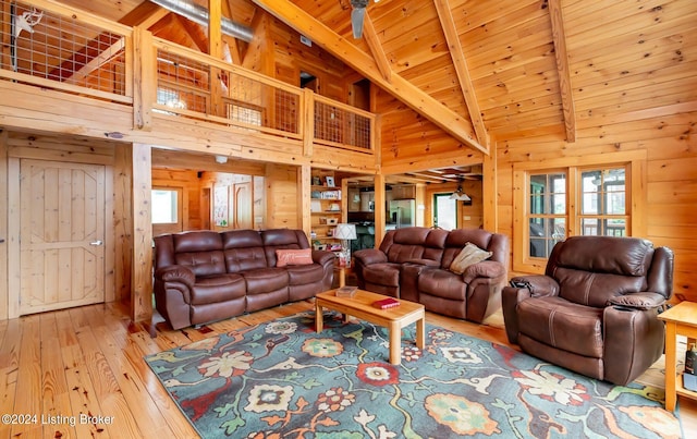 living room with wood ceiling, beam ceiling, high vaulted ceiling, light hardwood / wood-style floors, and wood walls