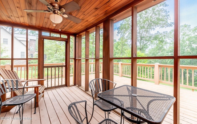 sunroom featuring ceiling fan, wood ceiling, and a healthy amount of sunlight