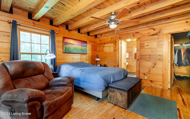 bedroom with beam ceiling, wooden ceiling, light hardwood / wood-style floors, and wood walls