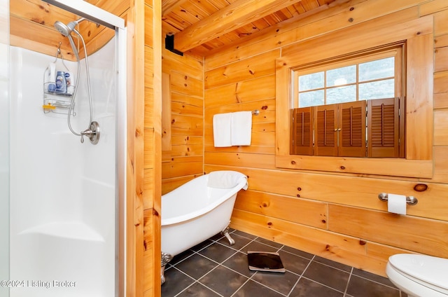 bathroom with tile patterned floors, toilet, wood walls, wood ceiling, and beam ceiling